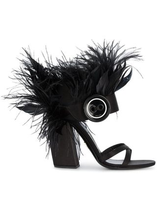 Prada + Black Ostrich Feather Leather Sandals