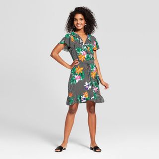 Who What Wear x Target + Striped Floral Print Short Sleeve Mini Wrap Dress