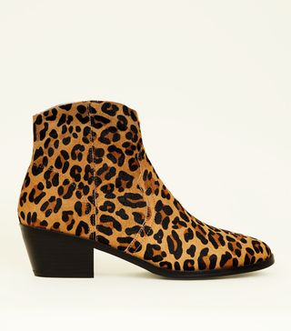 New Look + Tan Leather Leopard-Print Western Boots