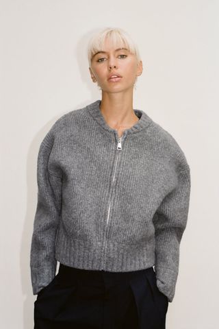 Zara + Zippered Knit Bomber Cardigan