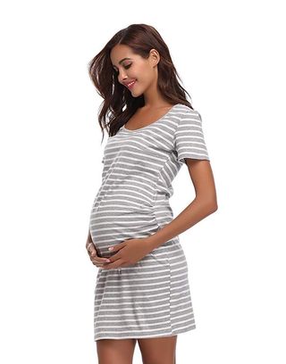 Floating Time + Grey Stripe Short Sleeve Maternity Dress