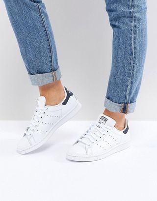 Adidas Originals + White and Navy Stan Smith Sneakers