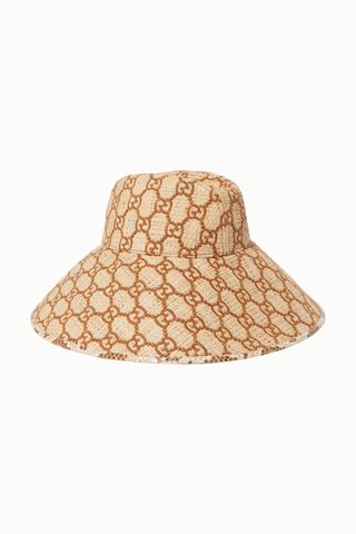 Gucci + Watersnake-Trimmed Embroidered Raffia Hat