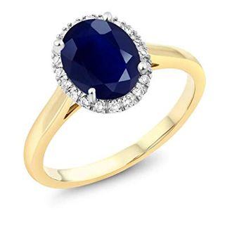 Gem Stone King + Two-Tone Gold Oval Blue Sapphire and Diamond Halo Engagement Ring