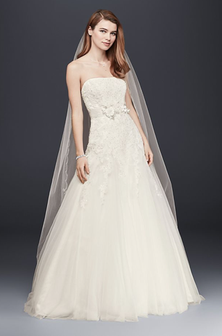 David's Bridal Collection + Strapless Tulle Wedding Dress With Beaded Lace