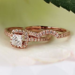 Auriya + 14k Rose Gold Princess-Cut Halo Diamond Engagement Ring Set