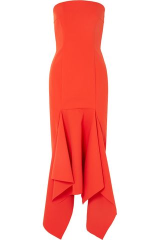 Solace London + Veronique Strapless Asymmetric Crepe Midi Dress