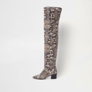 River Island + Beige Snake Slouch Over the Knee Boots