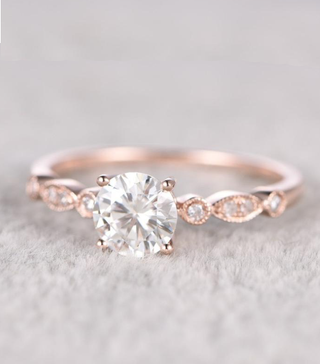 Shy Gems + 1.25 Carat Round Cut Moissanite and Diamond Antique Engagement Ring in 10K Rose Gold