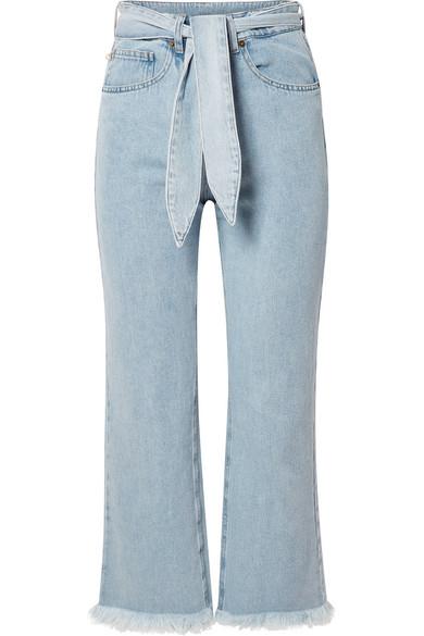 Nanushka + Pyramid Belted Frayed High-Rise Straight-Leg Jeans