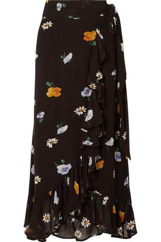 Ganni + Floral-Print Crepe de Chine Wrap Skirt