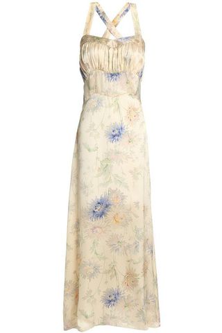 Anna Sui + Gathered Floral-Print Silk-Satin Maxi Dress