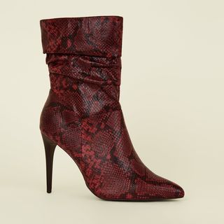 New Look + Red Faux Snake Stiletto Slouch Calf Boots