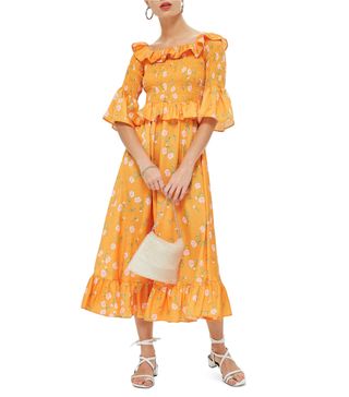 Topshop + Shirred Ruffle Midi Dress