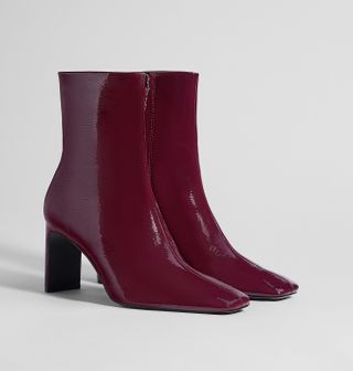 Berksha + Mid-Heel Faux Patent Finish Ankle Boots