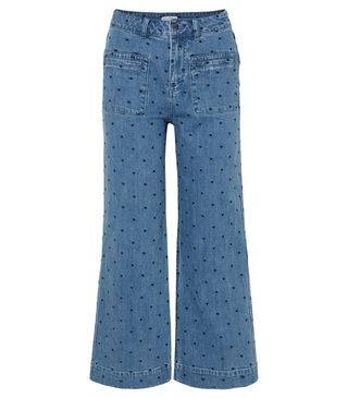 Ulla Johnson + Niko Embroidered Polka-Dot High-Rise Flared Jeans