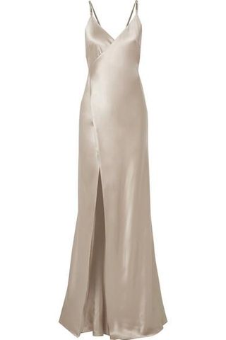Michelle Mason + Chain-Embellished Silk-Charmeuse Wrap Gown