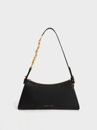 Charles & Keith + Black Metallic-Accent Strap Trapeze Bag