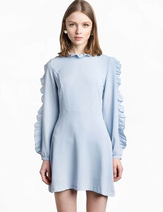 Pixie Market + Blue Crepe Ruffle Sleeve Dress