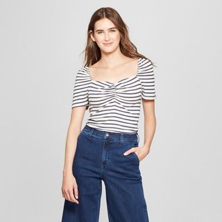 Who What Wear + Striped Short Puff Sleeve Square Neck Top