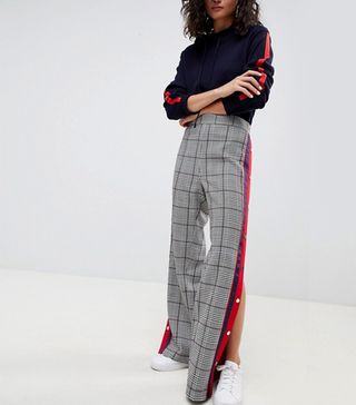 ASOS Design + Tailored Check Trackpant With Stripe Popper Side