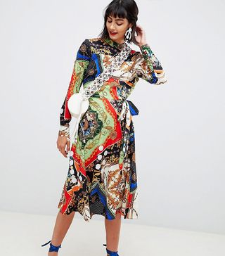 ASOS + Midi Dress With Pleated Skirt in Scarf Print