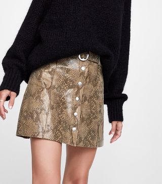 Zara + Snakeskin Print Leather Mini Skirt