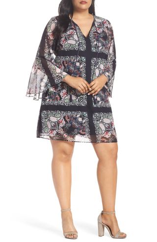 Vince Camuto + Bell-Sleeve Floral Chiffon Shift Dress
