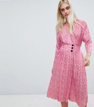 ASOS + Pleated Midi Dress With Side Buttons in Ditsy Floral