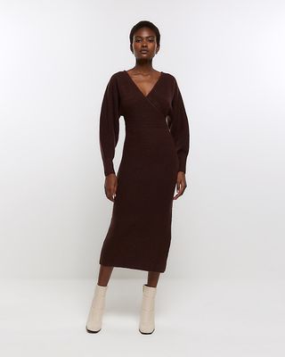 River Island + Brown Long Sleeve Jumper Midi Dress