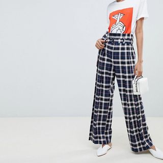 ASOS + Design D-Ring High-Waisted Check Wide-Leg Trousers