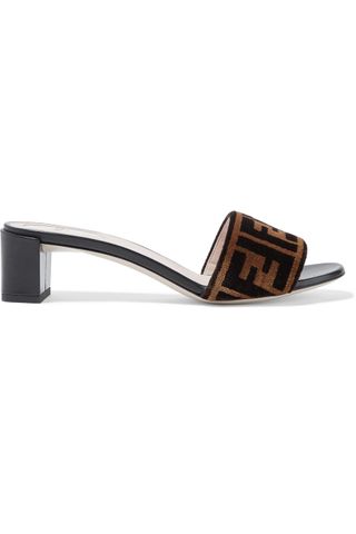 Fendi + Logo-Print Velvet and Leather Mules