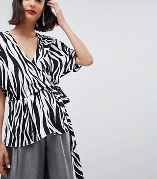 ASOS Design + Wrap Top With Kimono Sleeve in Zebra Print