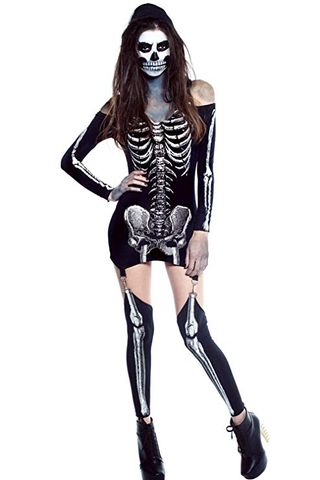 Lucklovell + X-Rayed Halloween Off-Shoulder Skeleton Dress Costume