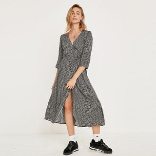Urban Outfitters + Black Floral Relaxed Wrap Midi Dress