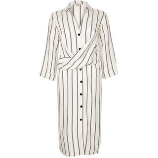 River Island + Cream Stripe Button-Up Midi Dress