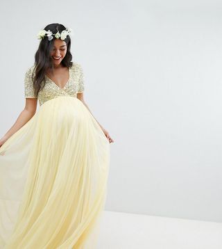 Maya Maternity + Cap Sleeve Delicate Sequin Detail Tulle Maxi Dress