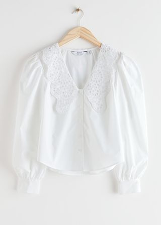 & Other Stories + Embroidered Collar Puff Sleeve Cotton Blouse