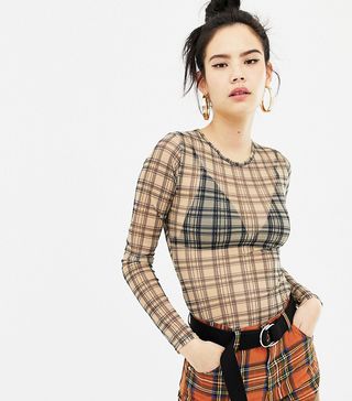 Daisy Street + Long Sleeve Top in Check Mesh