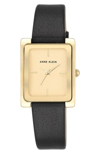 Anne Klein + Rectangular Leather Strap Watch