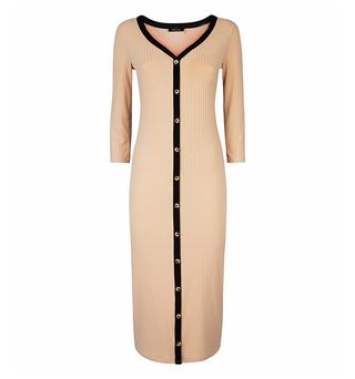 New Look + Tan Contrast Trim Ribbed Button Front Midi Dress