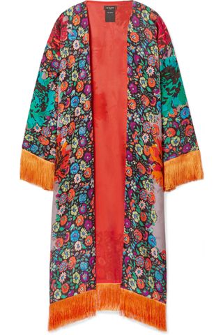 Etro + Fringed Floral-Print Satin-Jacquard Kimono