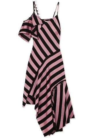 Marques'Almeida + Asymmetric Embellished Striped Satin-Twill Midi Dress