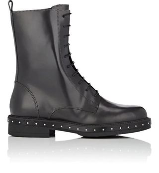 Barneys New York + Stud-Detailed Spazzolato Leather Combat Boots in Gray