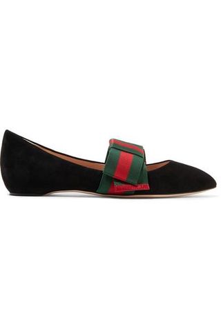 Gucci + Bow-Embellished Suede Point-Toe Flats