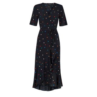 New Look + Black Multicoloured Spot Print Frill Hem Wrap Dress