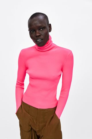 Zara + Ribbed Turtleneck in Neon Pink