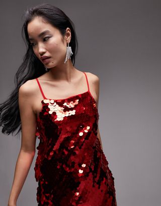 Topshop + Sequin Disc Mini Dress in Red