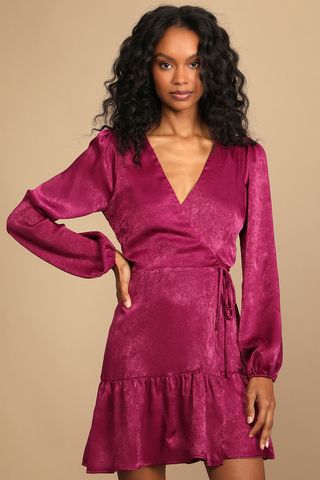 Lulus + So Splendid Magenta Purple Satin Long Sleeve Wrap Dress