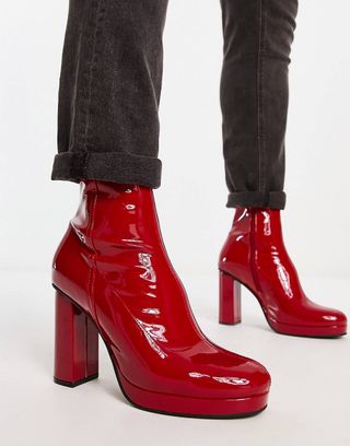ASOS Design + Heeled Boots in Red Patent Faux Leather